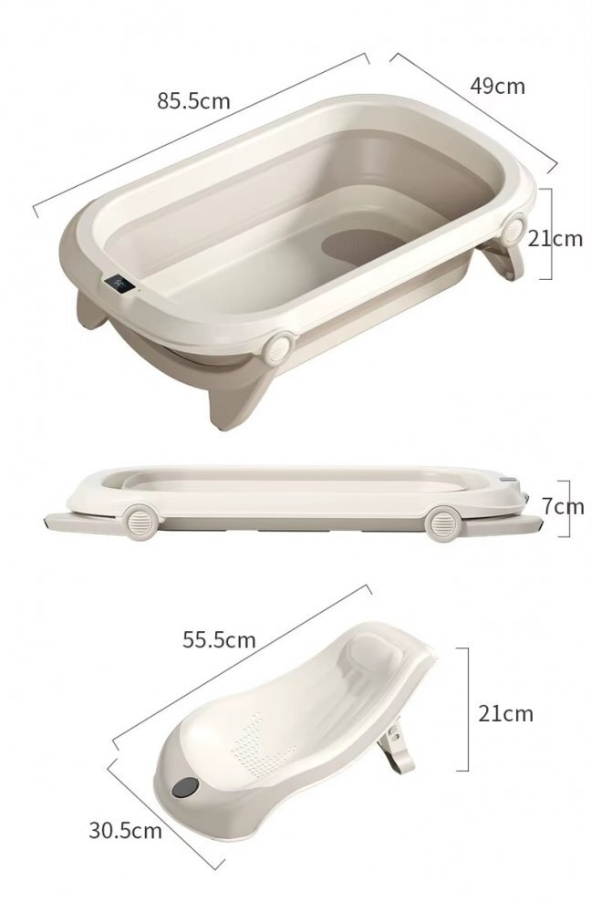 Little Mom Cadita bebelusi pliabila cu suport anatomic pentru copii Minimalist Grey prevazute cu termometru digital in 3 culori afisaj temperatura dop scurgere picioruse antiderapante 85.5 x 49 x 21 cm