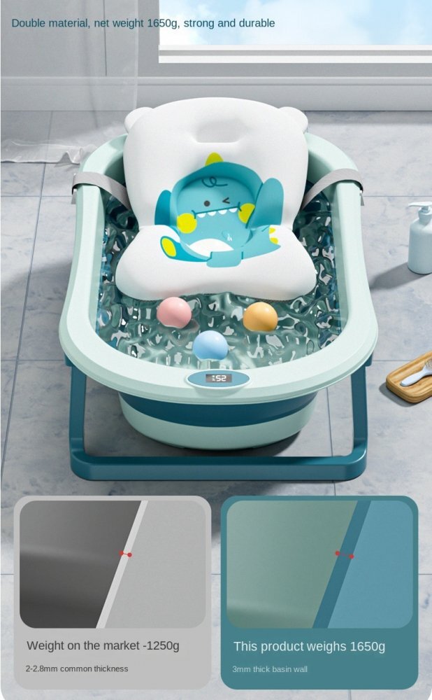 Little Mom Cadita bebelusi pliabila Dino Blue include o perna de siguranta detasabila termometru cu display digitalprotectie anti-alunecare 87x51x23 cm