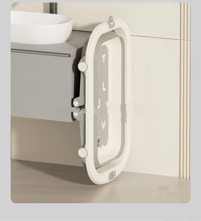 Little Mom Cadita bebelusi pliabila Grey Lux design modern cu termometru incorporat cu display digital dop pentru evacuarea apei suport pentru agatare capacitate 42L dimensiune 80 x 49 x 21 cm 0-36 luni