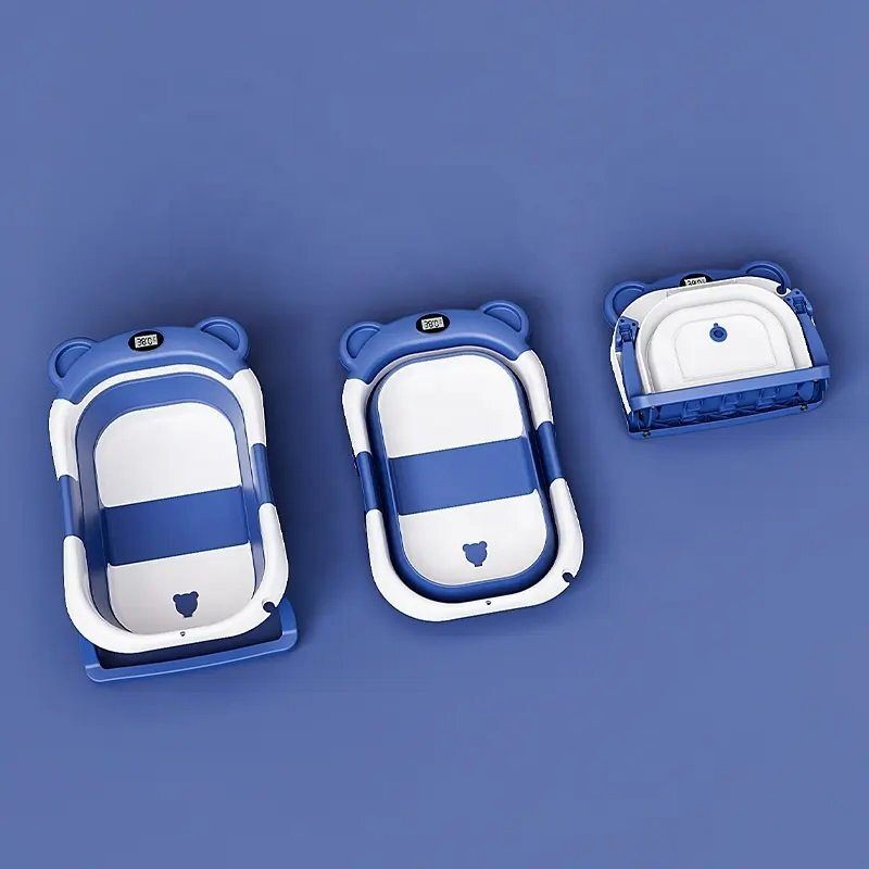 Little Mom Cadita bebelusi ultrapliabila Bear Blue cu pernuta moale detasabila termometru incorporat display digitalsuport cap de dus sistem de agatare dop pentru evacuarea apei material non-toxic