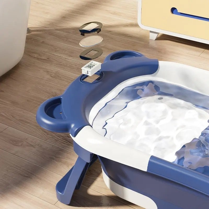 Little Mom Cadita bebelusi ultrapliabila Bear Blue cu pernuta moale detasabila termometru incorporat display digitalsuport cap de dus sistem de agatare dop pentru evacuarea apei material non-toxic