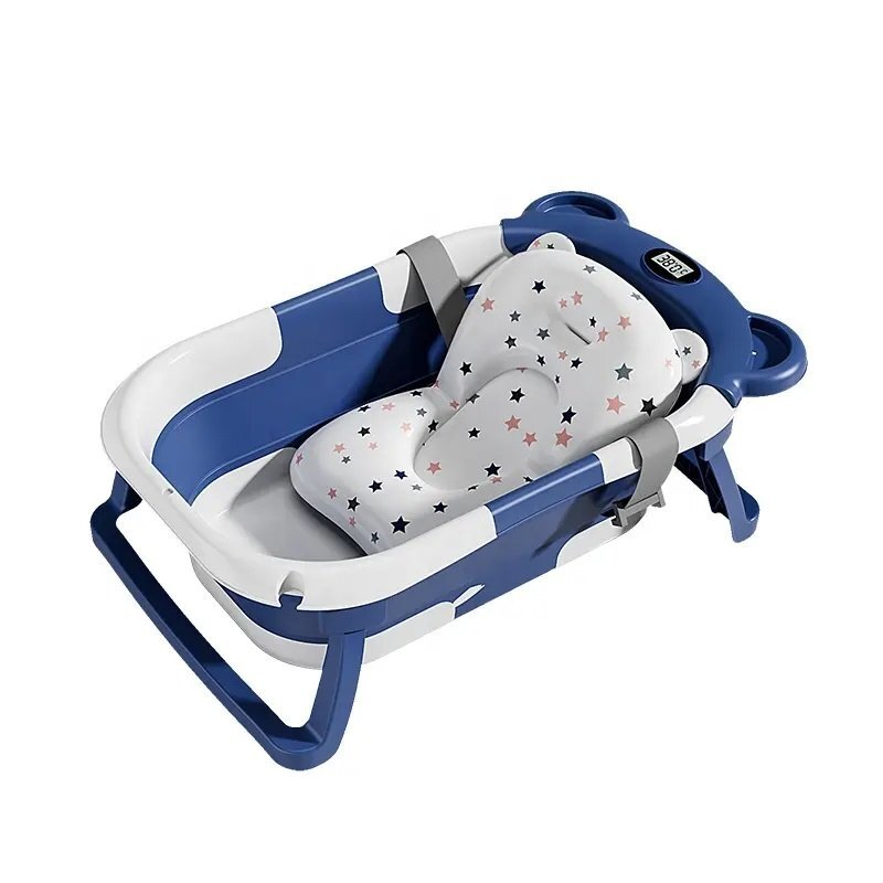 Little Mom Cadita bebelusi ultrapliabila Bear Blue cu pernuta moale detasabila termometru incorporat display digitalsuport cap de dus sistem de agatare dop pentru evacuarea apei material non-toxic