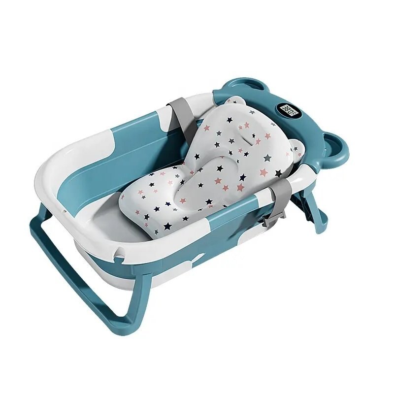 Little Mom Cadita bebelusi ultrapliabila Bear Green cu pernuta moale detasabila termometru incorporat display digitalsuport cap de dus sistem de agatare dop pentru evacuarea apei material non-toxic