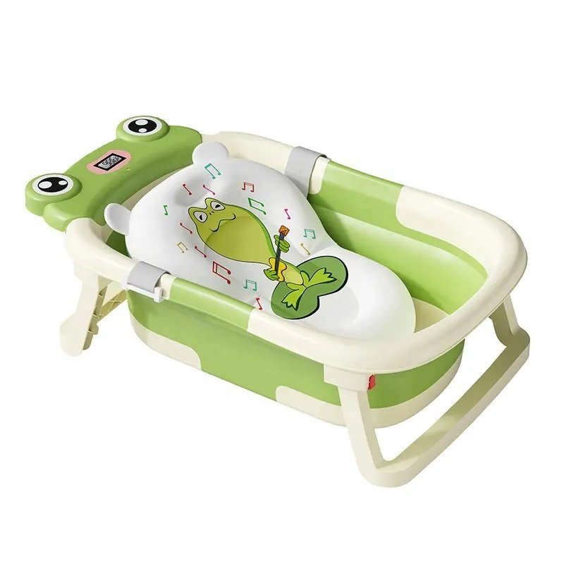 Little Mom Cadita bebelusi ultrapliabila Green Frog cu pernuta moale detasabila termometru display digital suport cap de dus dop pentru evacuarea apei material Non-Toxic