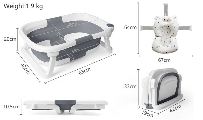 Little Mom Cadita bebelusi ultrapliabila grey cu pernuta moale plutitoare termometru cu display digital incorporat dop pentru evacuarea apei suport cap de dus antiderapant material non-toxic