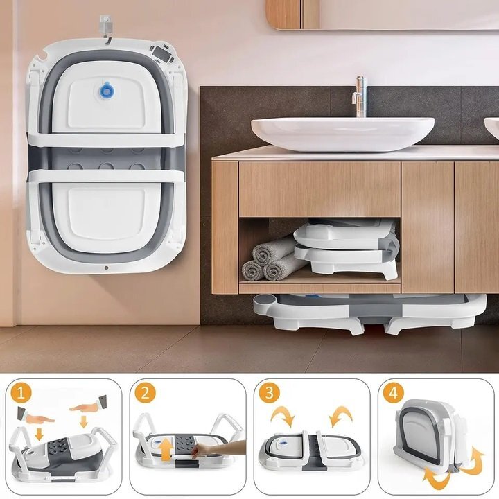Little Mom Cadita bebelusi ultrapliabila grey cu pernuta moale plutitoare termometru cu display digital incorporat dop pentru evacuarea apei suport cap de dus antiderapant material non-toxic
