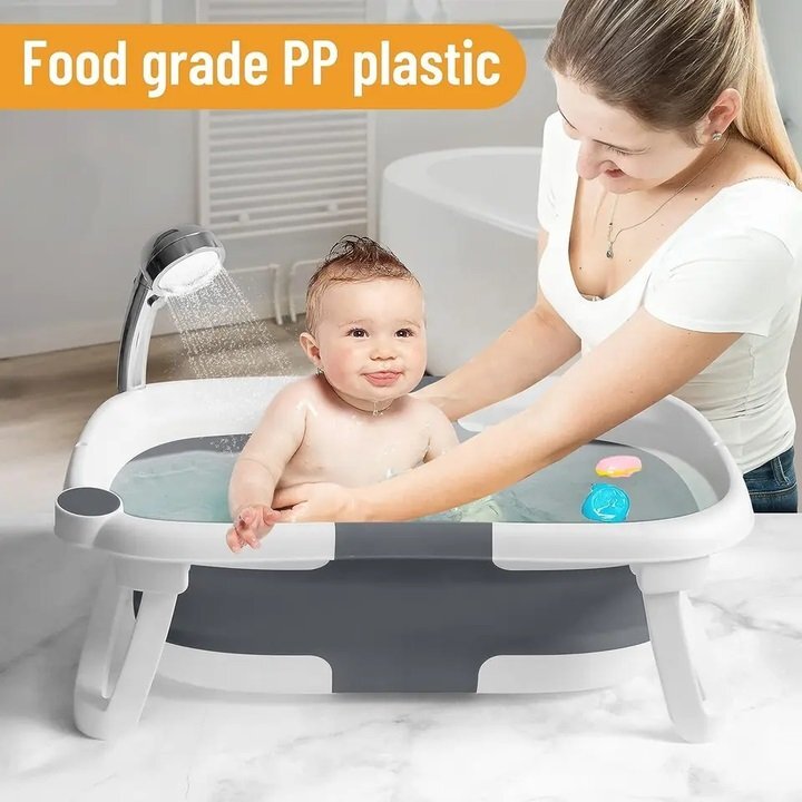 Little Mom Cadita bebelusi ultrapliabila grey cu pernuta moale plutitoare termometru cu display digital incorporat dop pentru evacuarea apei suport cap de dus antiderapant material non-toxic