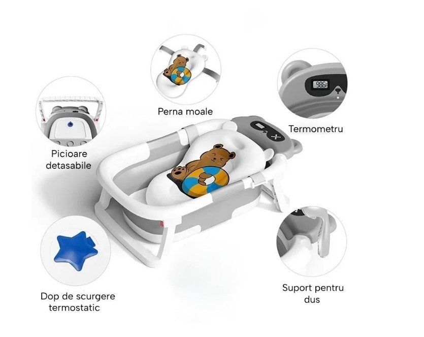 Little Mom Cadita bebelusi ultrapliabila grey cu termometru incorporat dop de scurgere termostatic picioare antiderapante Hamac cu design ergonomic inclus