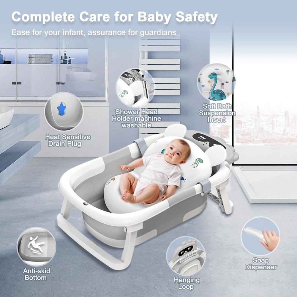 Little Mom Cadita bebelusi ultrapliabila Turtle Blue pernuta moale detasabilatermometru incorporat display digital suport dus sistem de agatare dop pentru evacuarea apei material non-toxic