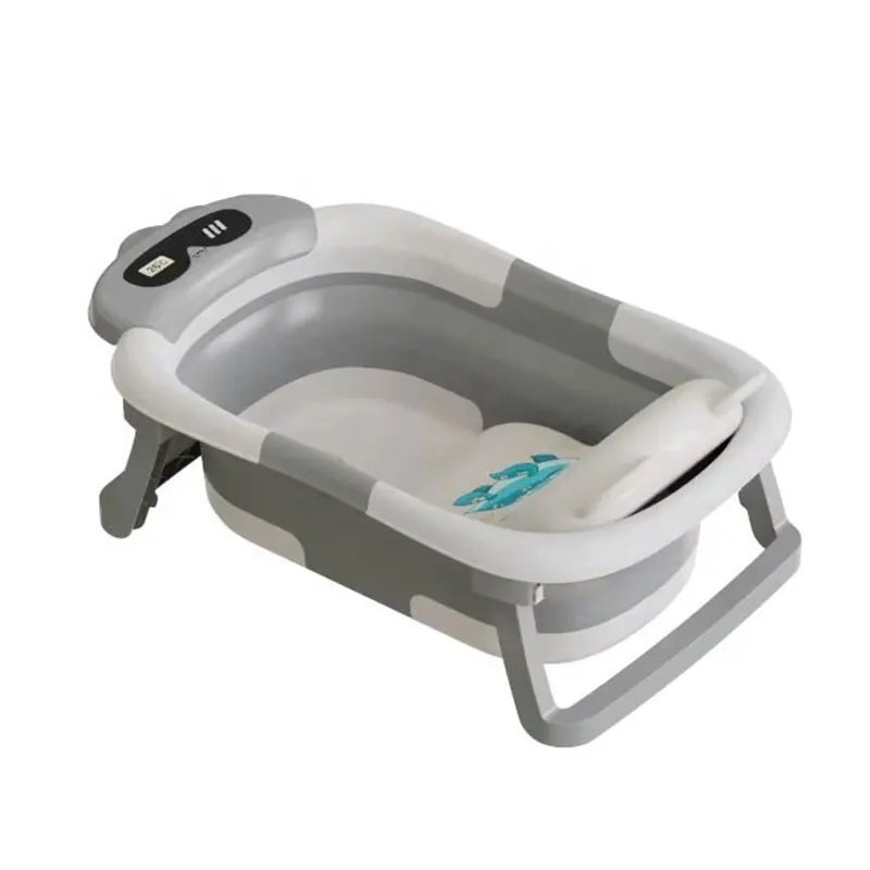 Little Mom Cadita bebelusi ultrapliabila Turtle Grey cu pernuta moale detasabila termometru incorporat display digital suport dus sistem de agatare dop pentru evacuarea apei material non-toxic