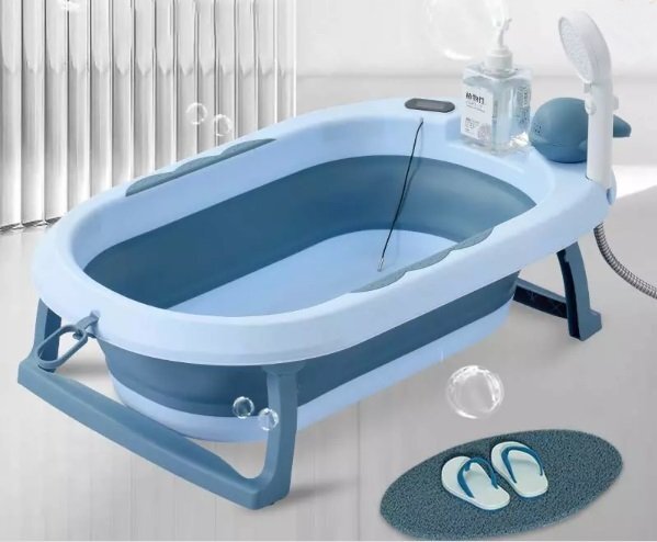 Little Mom Cadita Green pliabila cu termometru incorporat margini rotunjite dop evacuare suprafata anti-alunecare capacitate 40 L