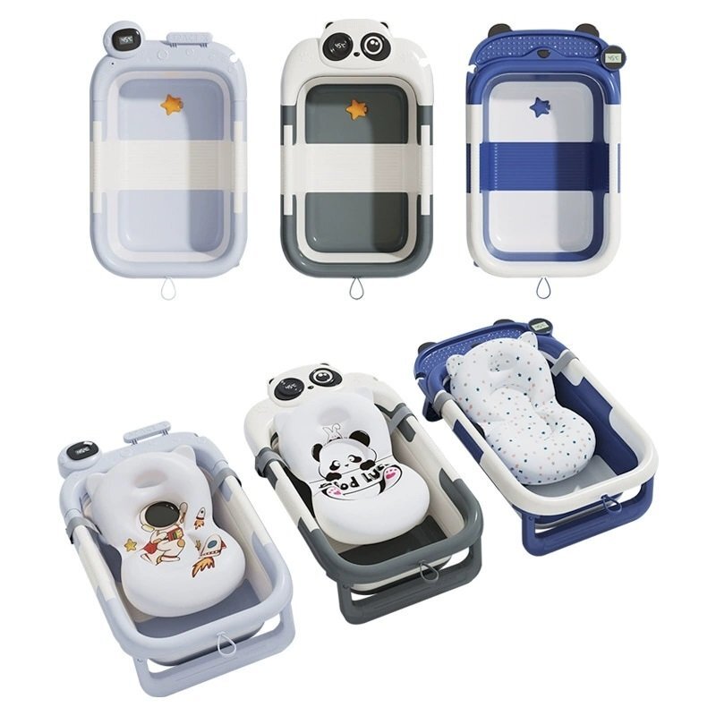 Little Mom Cadita pentru bebelusi Baby Astronaut Blue design inovator ultra-pliabil cu pernuta detasabila termometru display digital incorporat dop scurgere picioruse antiderapante dimensiune 69 x 43 x 20.7 cm l