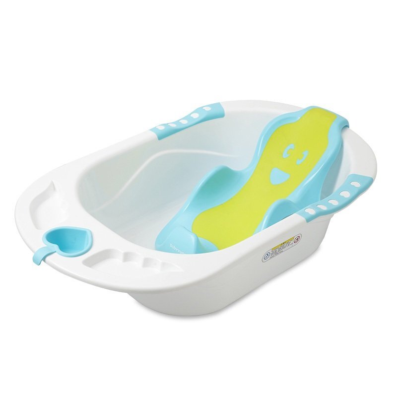 Little Mom Cadita pentru copii Sunny Blue echipata cu manere antiderapante Dop de scurgere dimensiune 88 x 51 x 22 cm si Reductor detasabil ergonomic cu fixare in ventuze inclus
