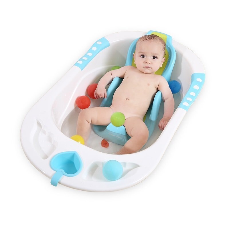 Little Mom Cadita pentru copii Sunny Blue echipata cu manere antiderapante Dop de scurgere dimensiune 88 x 51 x 22 cm si Reductor detasabil ergonomic cu fixare in ventuze inclus