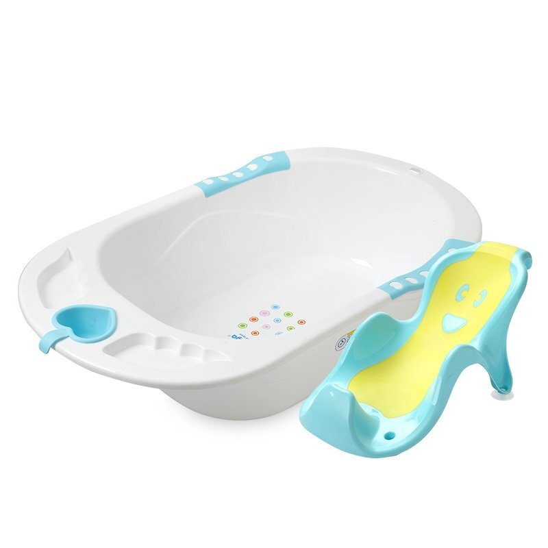 Little Mom Cadita pentru copii Sunny Blue echipata cu manere antiderapante Dop de scurgere dimensiune 88 x 51 x 22 cm si Reductor detasabil ergonomic cu fixare in ventuze inclus