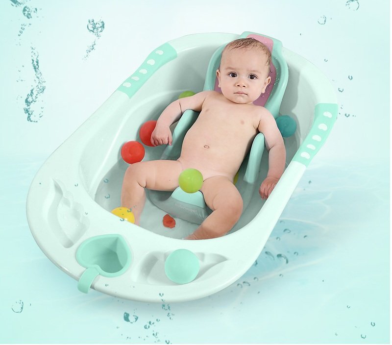 Little Mom Cadita pentru copii Sunny Green echipata cu manere antiderapante Dop de scurgere dimensiune 88 x 51 x 22 cm si Reductor detasabil ergonomic cu fixare in ventuze inclus