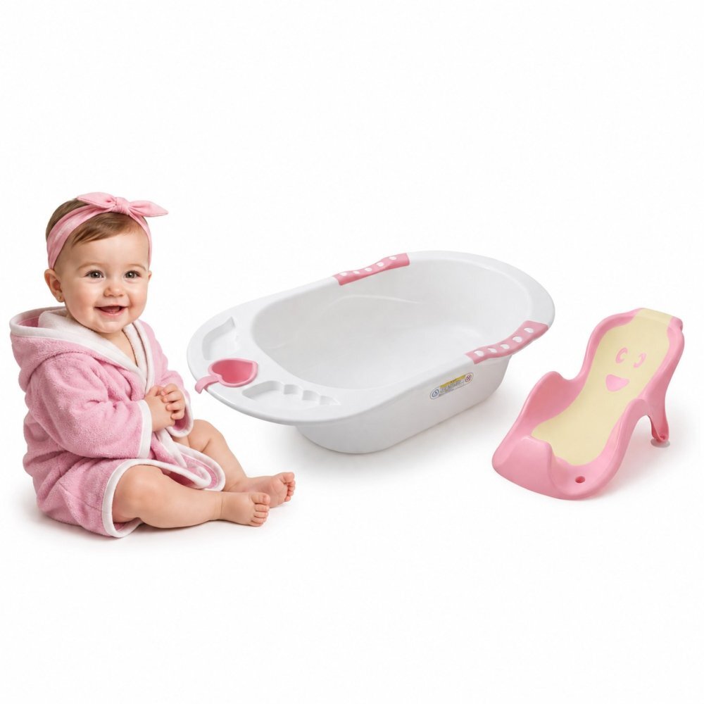 Little Mom Cadita pentru copii Sunny Pink echipata cu manere antiderapante Dop de scurgere dimensiune 88 x 51 x 22 cm si Reductor detasabil ergonomic cu fixare in ventuze inclus
