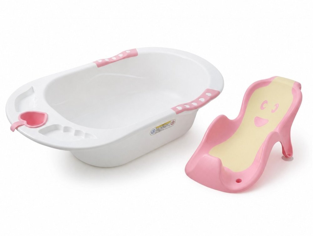 Little Mom Cadita pentru copii Sunny Pink echipata cu manere antiderapante Dop de scurgere dimensiune 88 x 51 x 22 cm si Reductor detasabil ergonomic cu fixare in ventuze inclus
