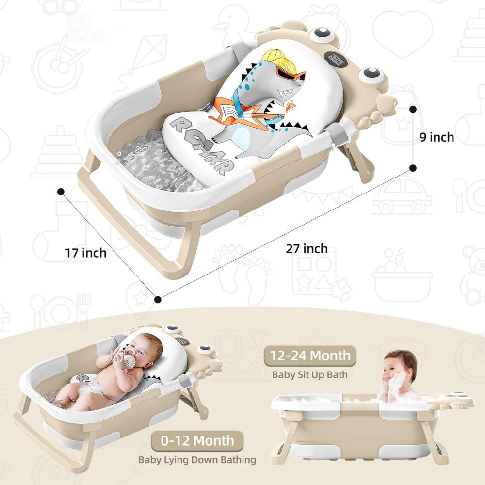 Little Mom Cadita ultra-pliabila pentru copii Beige Crab termometru digital LCD dop de scurgere picioruse antiderapante 68.5 x 43 x 23 cm si Hamac ergonomic inclus