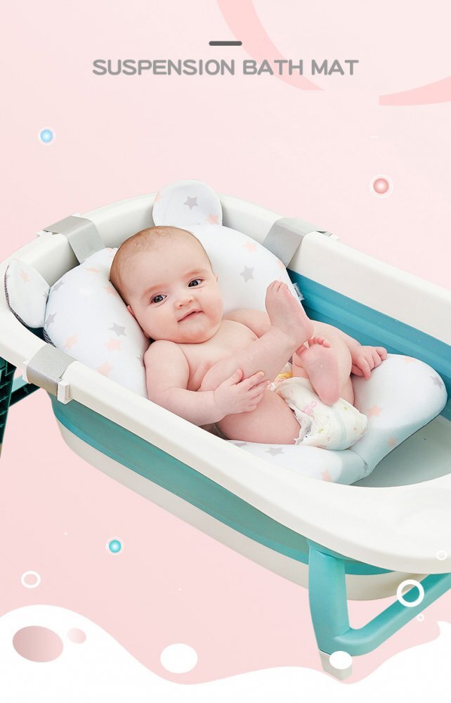 Little Mom Hamac de baie pentru copii design ergonomic cu fixare pe cadita in clipsuri laterale material cu uscare rapida umplut cu bilute mici de poliester dimensiune 76 x 51 cm Baby Green