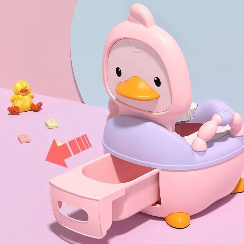 Little Mom Olita pentru copii Pink Duck prevazuta cu manere colac din PVC capac rabatabil si vas colector detasabil dimensiune 36.5 x 31 x 48 cm