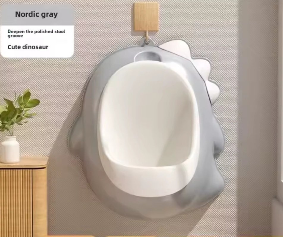 Little Mom Pisoar pentru baieti Grey Dino cu vas colector detasabil design ergonomic si suspendabil dimensiune 30 x 26 cm