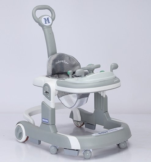 Little Mom Premergator 3 in 1 pentru copii Hello Grey pliabil cu maner parental cu panou muzical detasabil cu sezut reglabil in inaltime cu 6 roti silentioase sistem de franare dimensiune 74 x 60 x 86 cm