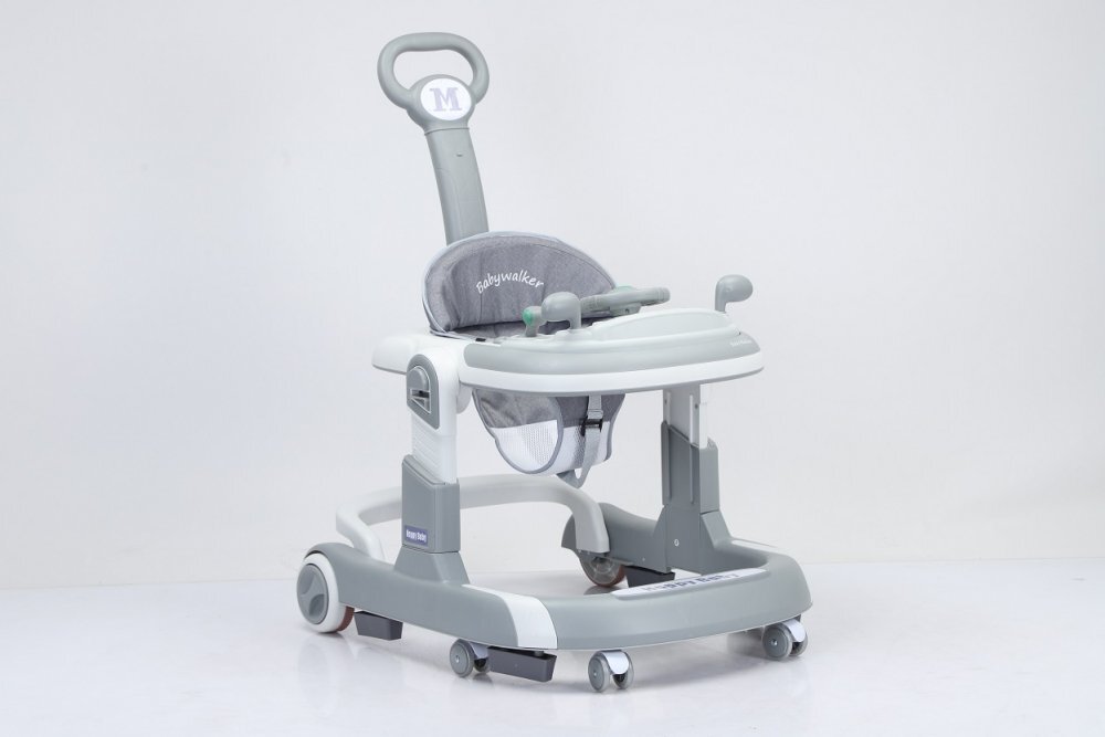 Little Mom Premergator 3 in 1 pentru copii Hello Grey pliabil cu maner parental cu panou muzical detasabil cu sezut reglabil in inaltime cu 6 roti silentioase sistem de franare dimensiune 74 x 60 x 86 cm