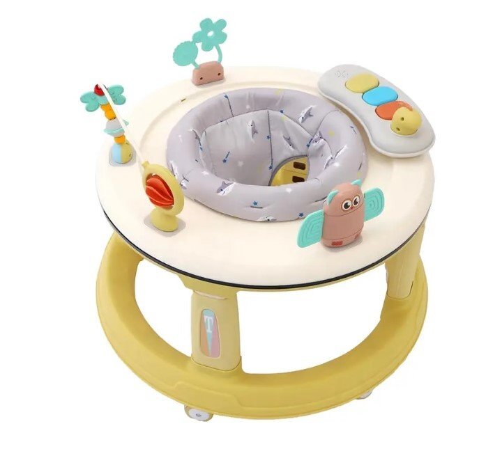 Little Mom Premergator bebelusi Activity Yellow pliabil educational cu panou interactiv sezut rotativ 360 grade roti pivotante silentioase dimensiune 68 x 68 x 50 cm