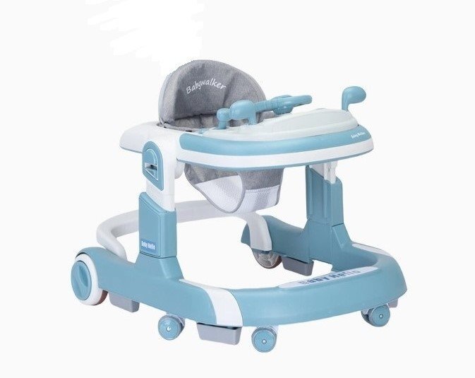 Little Mom Premergator copii 2 in 1 Hello Blue pliabil cu panou muzical detasabil cu sezut reglabil in inaltime cu 6 roti silentioase sistem de franare dimensiune 74 x 60 x 60 cm