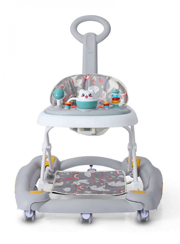 Little Mom Premergator pentru bebelusi multifunctional cu maner parental sistem de balansare Muzica roti silentioase cu perna de sezut si copertina detasabila dimensiune 54 x 17 x 86 cm Grey