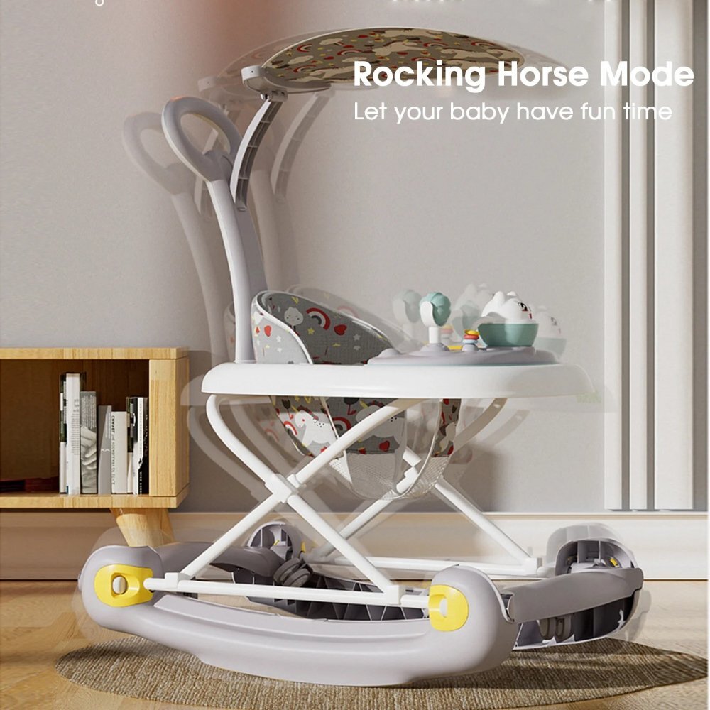 Little Mom Premergator pentru bebelusi multifunctional cu maner parental sistem de balansare Muzica roti silentioase cu perna de sezut si copertina detasabila dimensiune 54 x 17 x 86 cm Grey