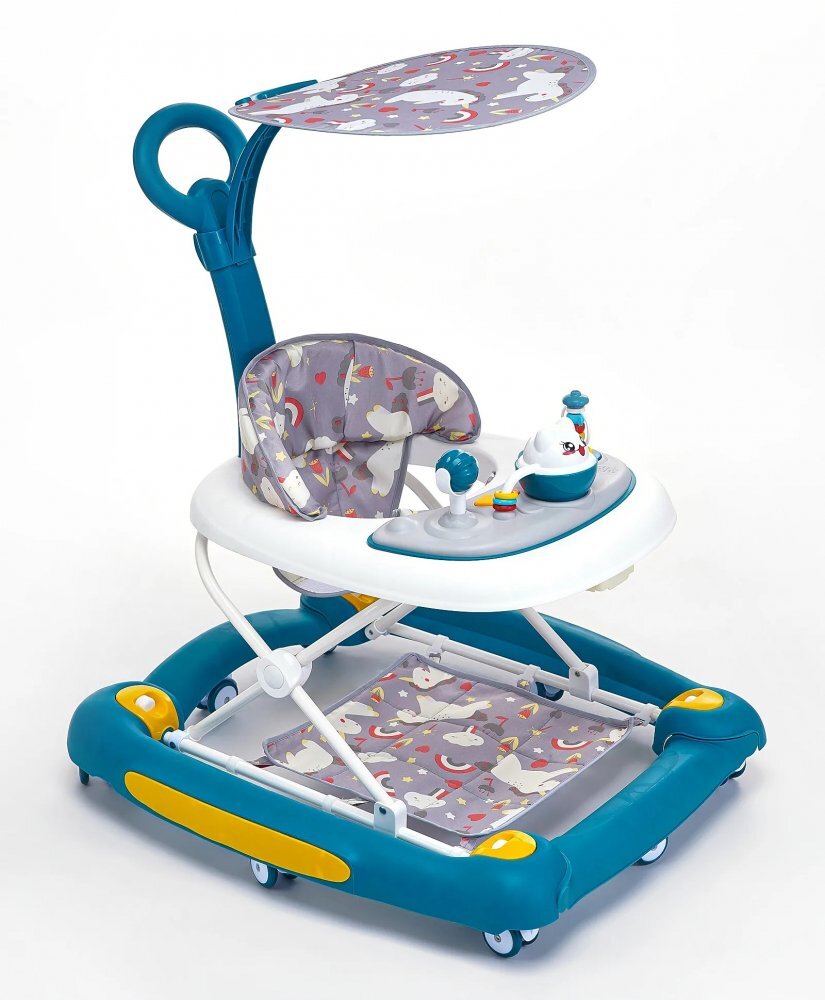 Little Mom Premergator pentru copii multifunctional cu maner parental sistem de balansare Muzica roti silentioase cu perna de sezut si copertina detasabila dimensiune 54 x 17 x 86 cm Green