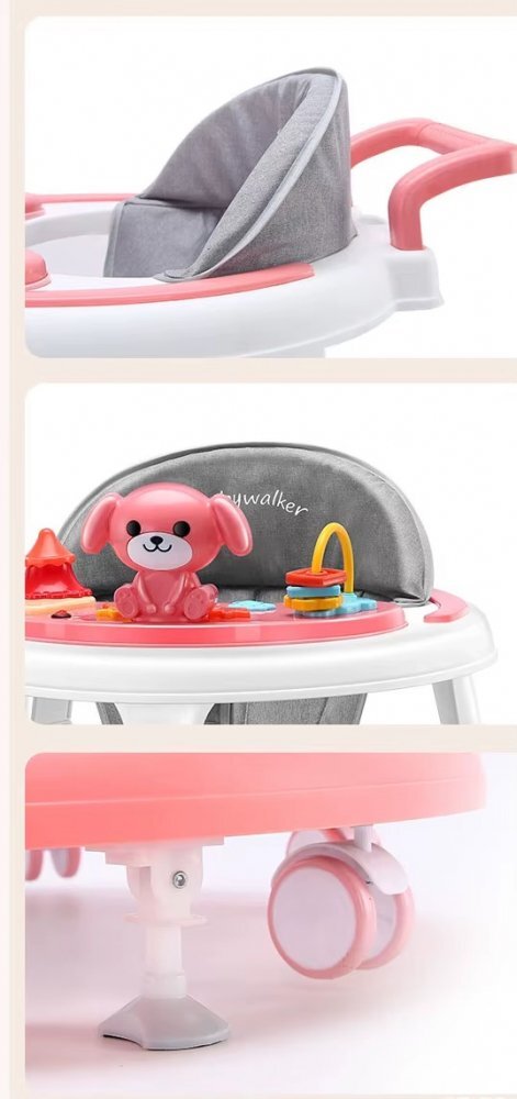Little Mom Premergator pentru copii Pink cu panou interactiv detasabil cu sunete si lumini sezut cu spatar inalt roti silentioase prevazut cu maner de sustinereimpingere