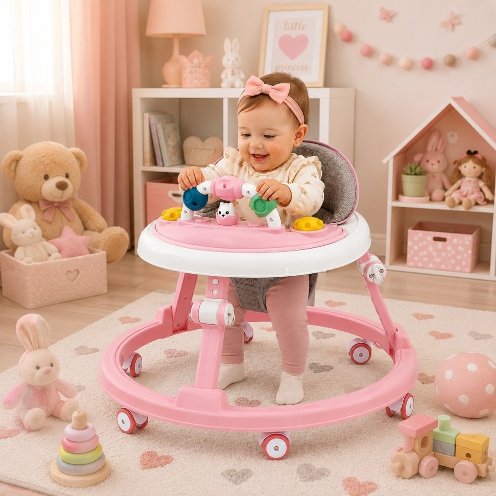 Little Mom Premergator pentru copii Pink educational cu lumini si sunete pliabil si ajustabil in inaltime cu 6 roti silentioase dimensiune 67 x 67 x 46 cm