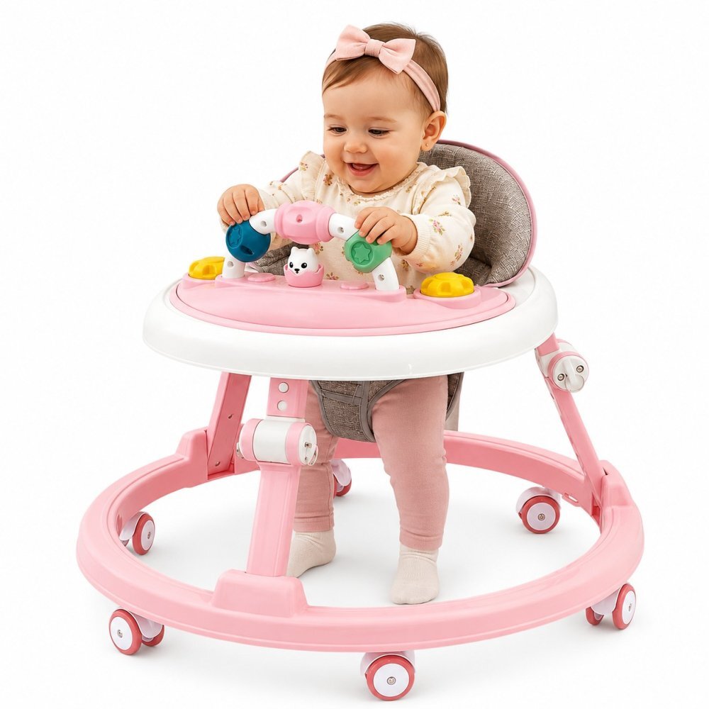 Little Mom Premergator pentru copii Pink educational cu lumini si sunete pliabil si ajustabil in inaltime cu 6 roti silentioase dimensiune 67 x 67 x 46 cm
