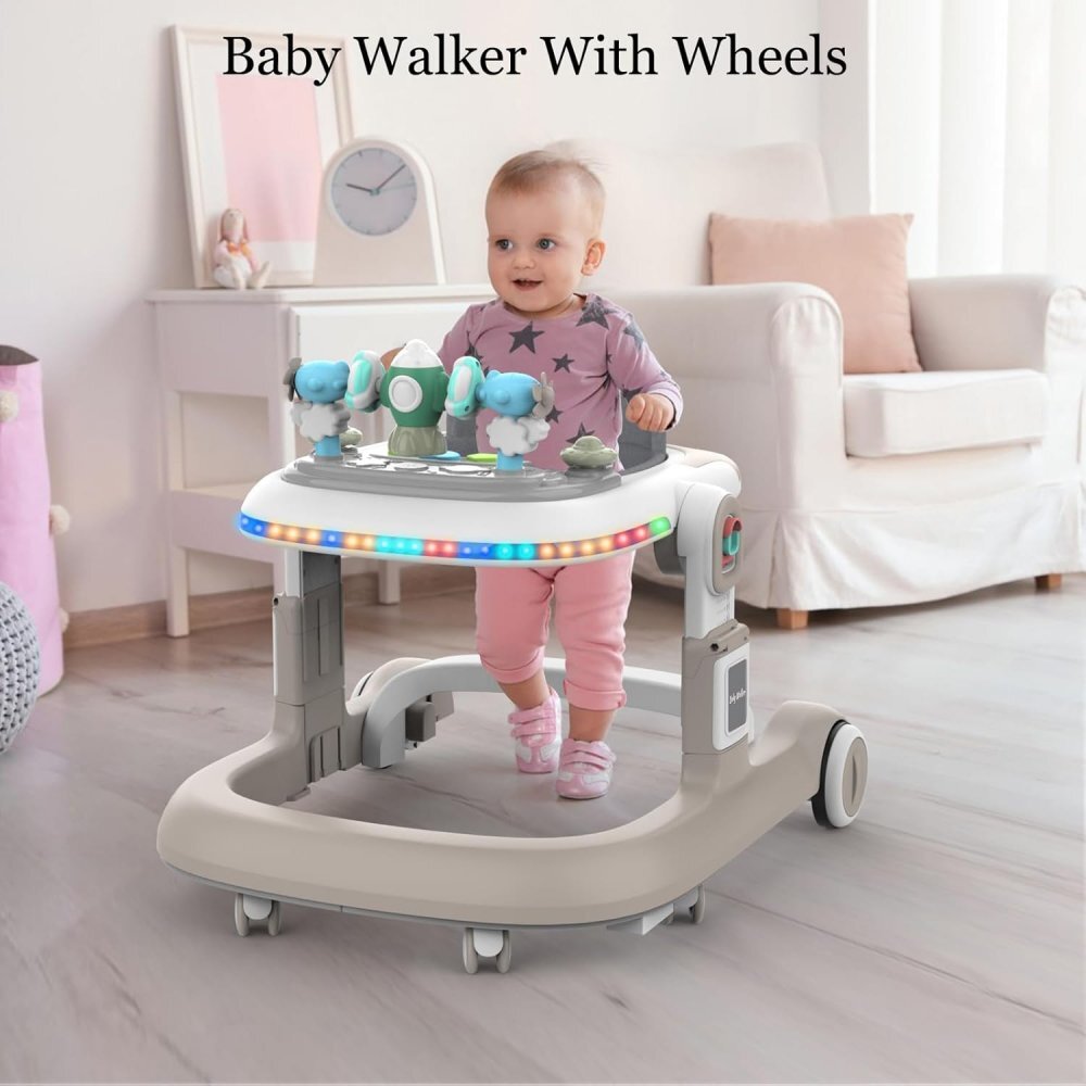 Little Mom Premergator pentru copii Rocket Khaki cu functie de antepremergator cu sezut reglabil in inaltime panou interactiv detasabil cu roti silentioase sistem de franare dimensiune 76 x 58 x 60 cm