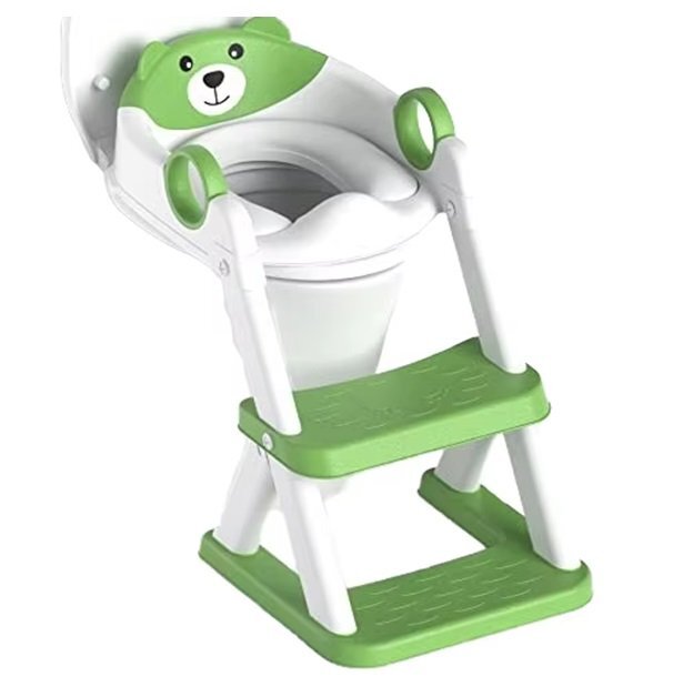 Little Mom Reductor de toaleta pentru copii Green Teddy Bear colac din PVC design pliabil robust si stabil ajustabil pe 6 nivele de inaltime manere ergonomice design anti-stropire dimensiune 38 x 34 x 59 cm