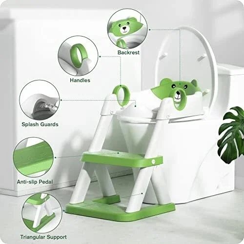Little Mom Reductor de toaleta pentru copii Green Teddy Bear colac din PVC design pliabil robust si stabil ajustabil pe 6 nivele de inaltime manere ergonomice design anti-stropire dimensiune 38 x 34 x 59 cm