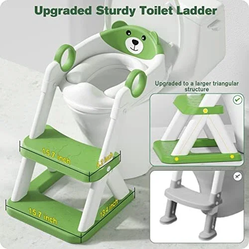 Little Mom Reductor de toaleta pentru copii Green Teddy Bear colac din PVC design pliabil robust si stabil ajustabil pe 6 nivele de inaltime manere ergonomice design anti-stropire dimensiune 38 x 34 x 59 cm