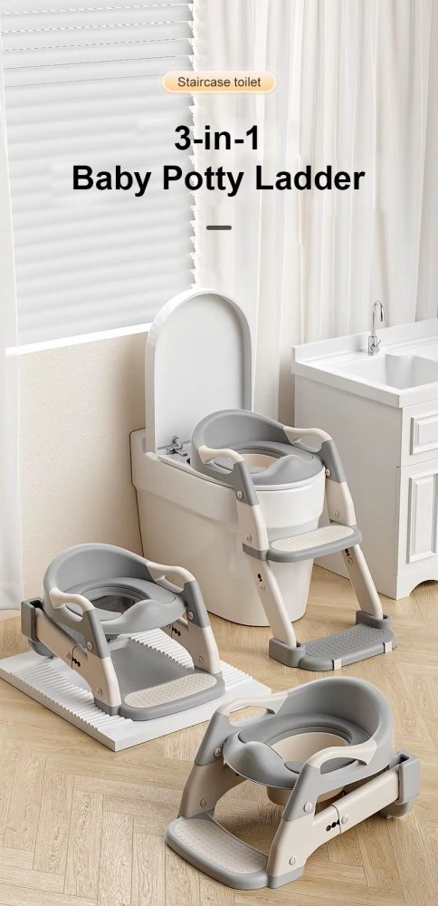 Little Mom Reductor pentru copii Grey multifunctional 3 in 1 pliabil colac ergonomic din PVC cu recipient colector si manere de sustinere dimensiuni 35.5x17x39 cm
