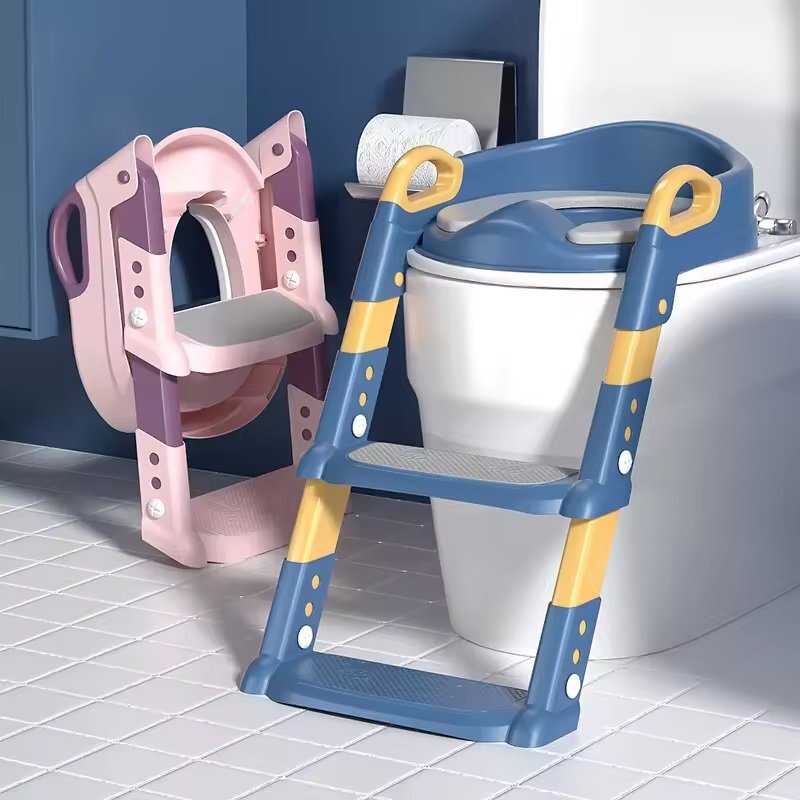 Little Mom Reductor toaleta pentru copii Blue pliabil ergonomic cu sezut din PVC manere de sustinere scara cu inaltime reglabila suprafata antiderapanta dimensiuni 34x44x34 cm