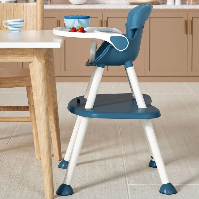 Little Mom Scaun de masa Blue 4in1 pentru copii multifunctional cu centura de siguranta tavita reglabila suport pentru picioare dimensiune 79 x 60 x 62 x 92 cm