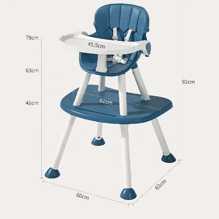 Little Mom Scaun de masa Blue 4in1 pentru copii multifunctional cu centura de siguranta tavita reglabila suport pentru picioare dimensiune 79 x 60 x 62 x 92 cm