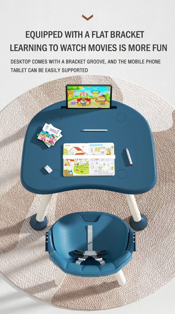 Little Mom Scaun de masa Blue 4in1 pentru copii multifunctional cu centura de siguranta tavita reglabila suport pentru picioare dimensiune 79 x 60 x 62 x 92 cm
