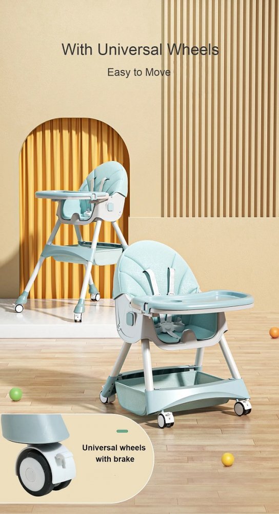 Little Mom Scaun de masa multifunctional 3 in 1 pentru copii Green transformabil si ajustabil cadru din otel prevazut cu roti silentioase si husa detasabila din PU dimensiune 60 x 75 x 91 cm