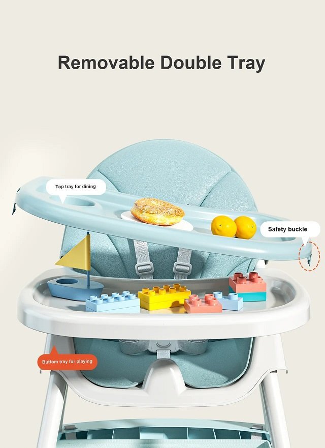Little Mom Scaun de masa multifunctional 3 in 1 Rocking Chair Blue transformabil in balansoar cu husa detasabila spatar reglabil inaltime reglabila masuta detasabila si roti