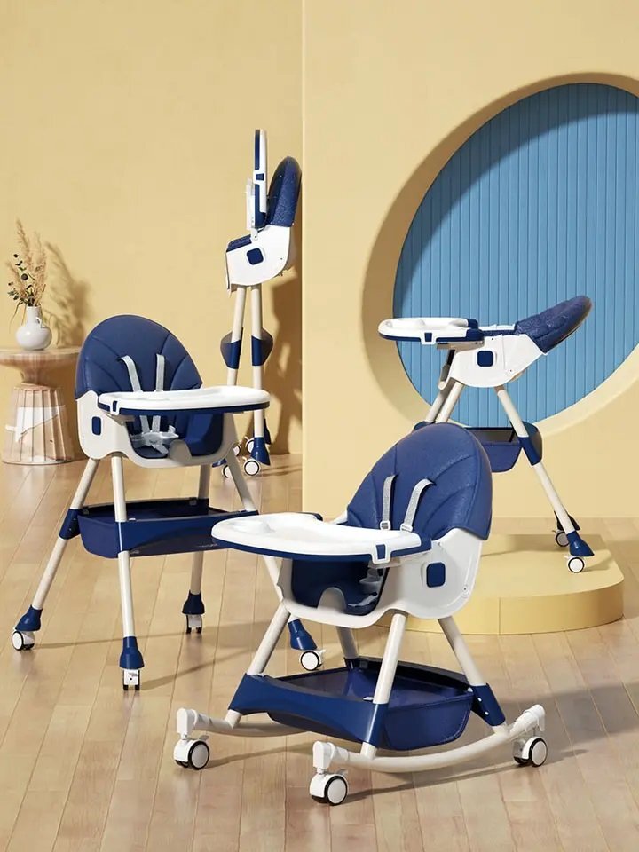 Little Mom Scaun de masa multifunctional 3 in 1 Rocking Chair Blue transformabil in balansoar cu husa detasabila spatar reglabil inaltime reglabila masuta detasabila si roti
