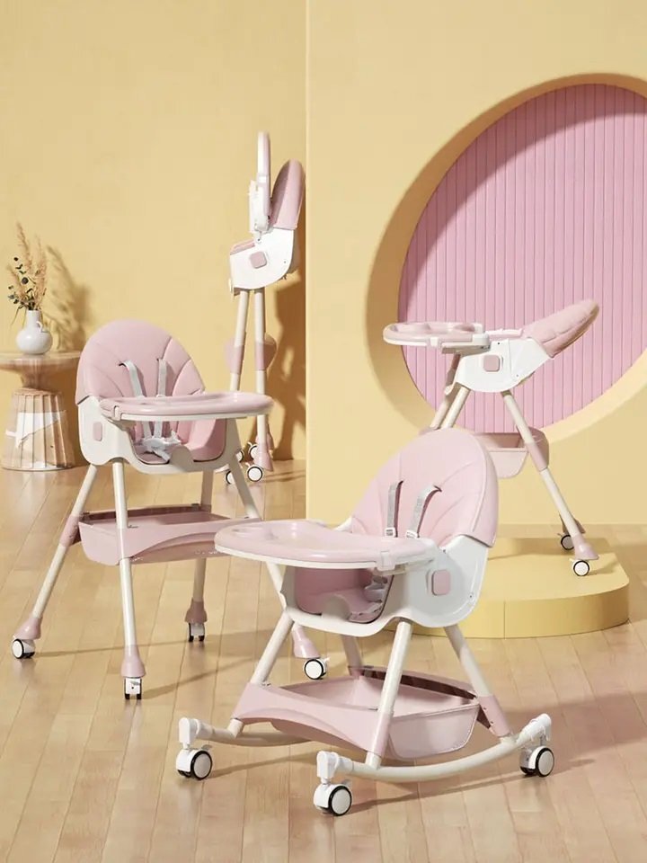 Little Mom Scaun de masa multifunctional 3 in 1 Rocking Chair Pink transformabil in balansoar cu husa detasabila spatar reglabil inaltime reglabila masuta detasabila si roti