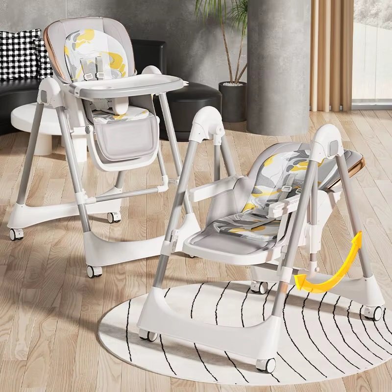 Little Mom Scaun de masa pentru bebelusi BabyNest Grey pliabil multifunctional cu functie de balansoar spatar reglabil centura de siguranta si suport pt picioare design ergonomic